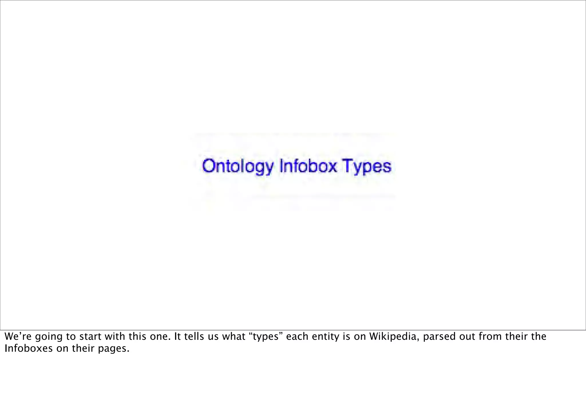 We’re going to start with this one. It tells us what “types” each entity is on Wikipedia, parsed out from their the
Infoboxes on their pages.
 
