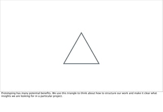 Prototyping has many potential beneﬁts. We use this triangle to think about how to structure our work and make it clear what
insights we are looking for in a particular project.
 