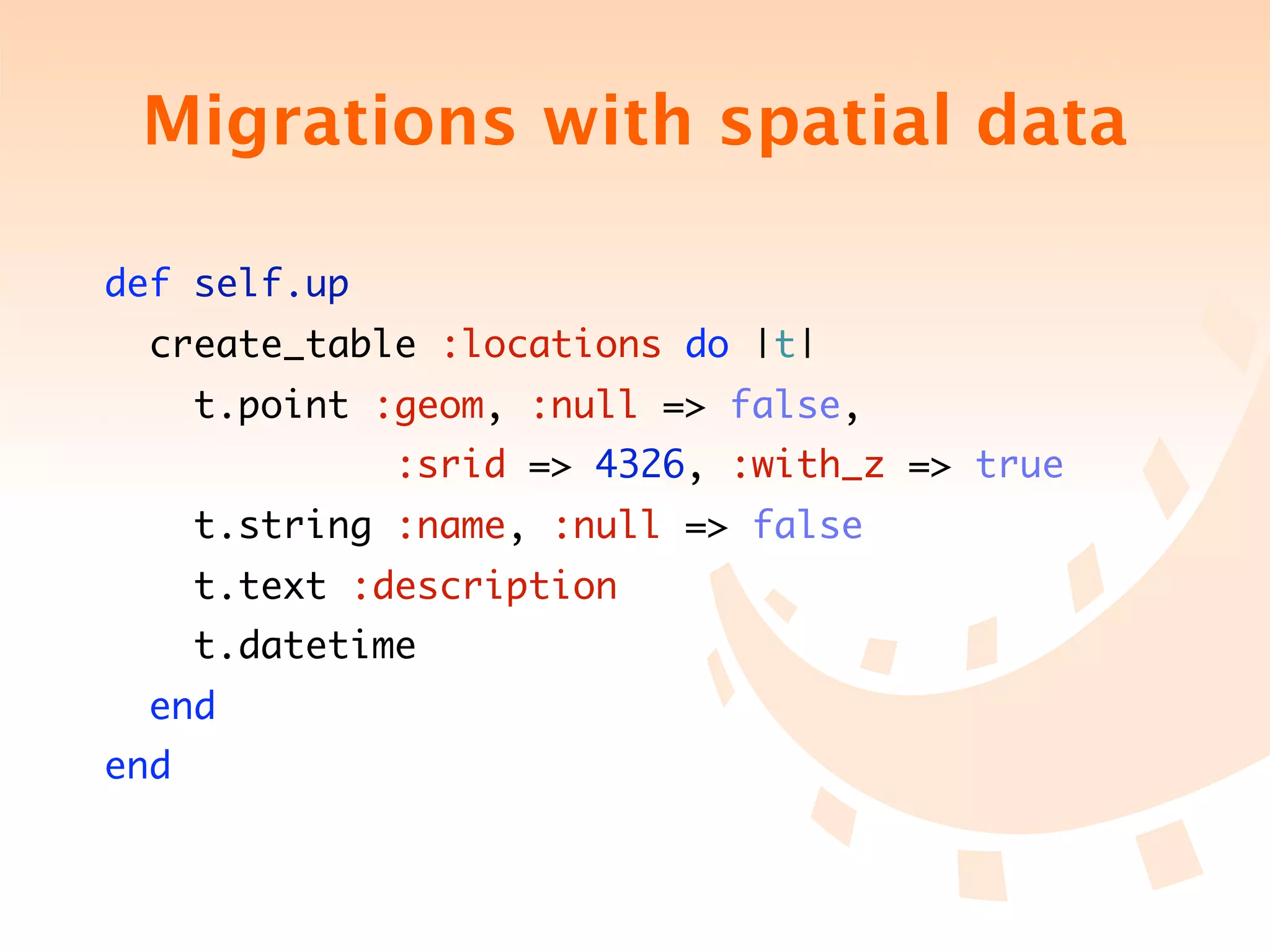 Migrations with spatial data

def self.up
  create_table :locations do |t|
      t.point :geom, :null => false,
               :srid => 4326, :with_z => true
      t.string :name, :null => false
      t.text :description
      t.datetime 	
  end
end
 