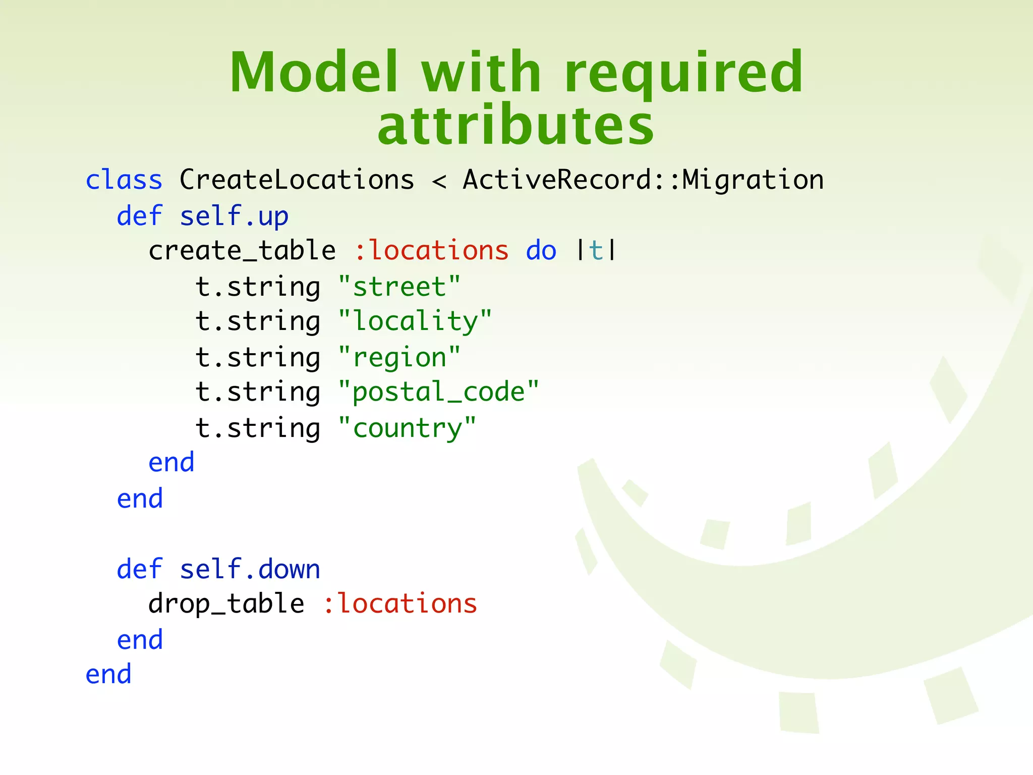 Model with required
             attributes
class CreateLocations < ActiveRecord::Migration
  def self.up
    create_table :locations do |t|
       t.string "street"
       t.string "locality"
       t.string "region"
       t.string "postal_code"
       t.string "country"
    end
  end

  def self.down
    drop_table :locations
  end
end
 