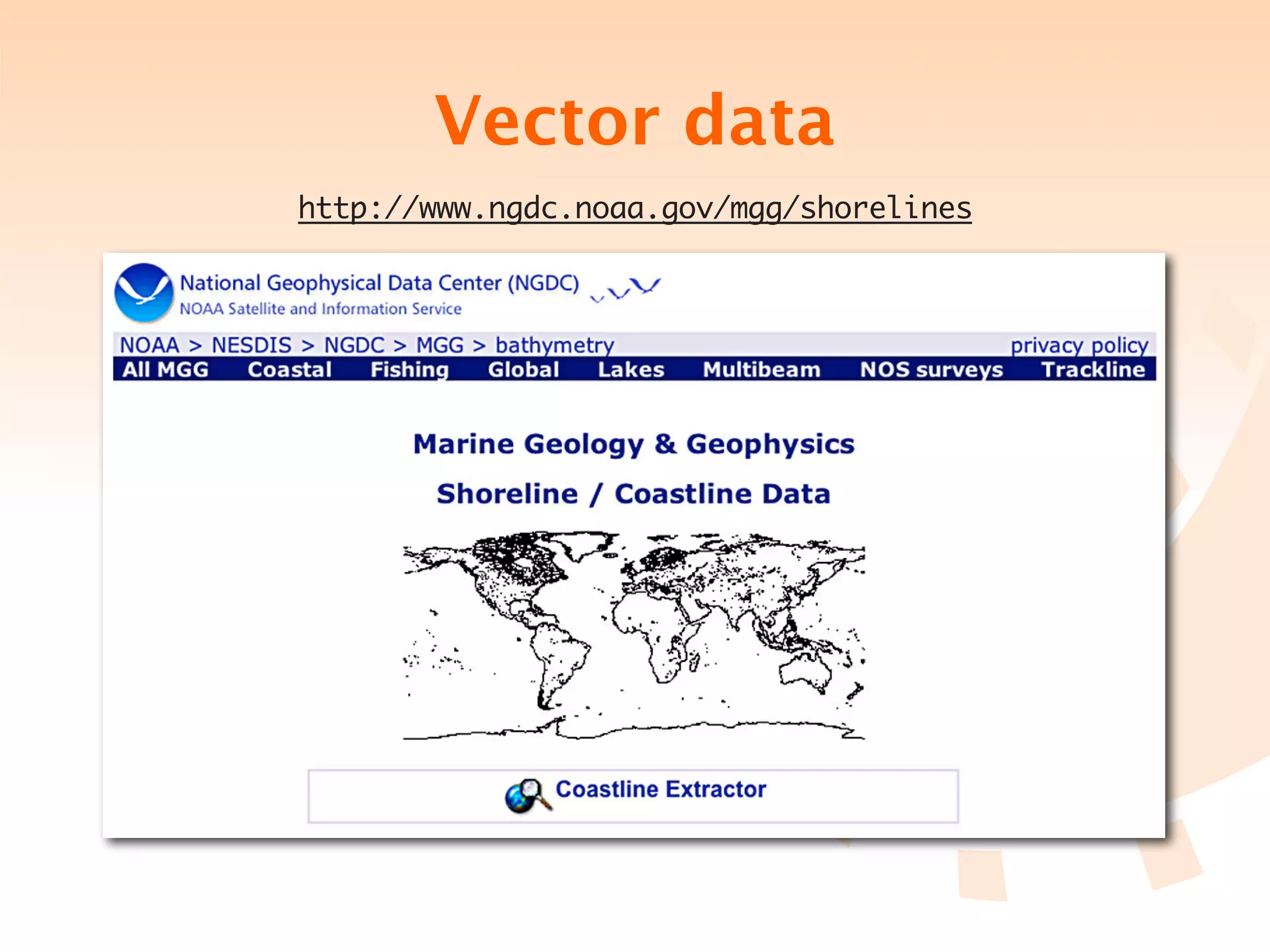 Vector data
http://www.ngdc.noaa.gov/mgg/shorelines
 