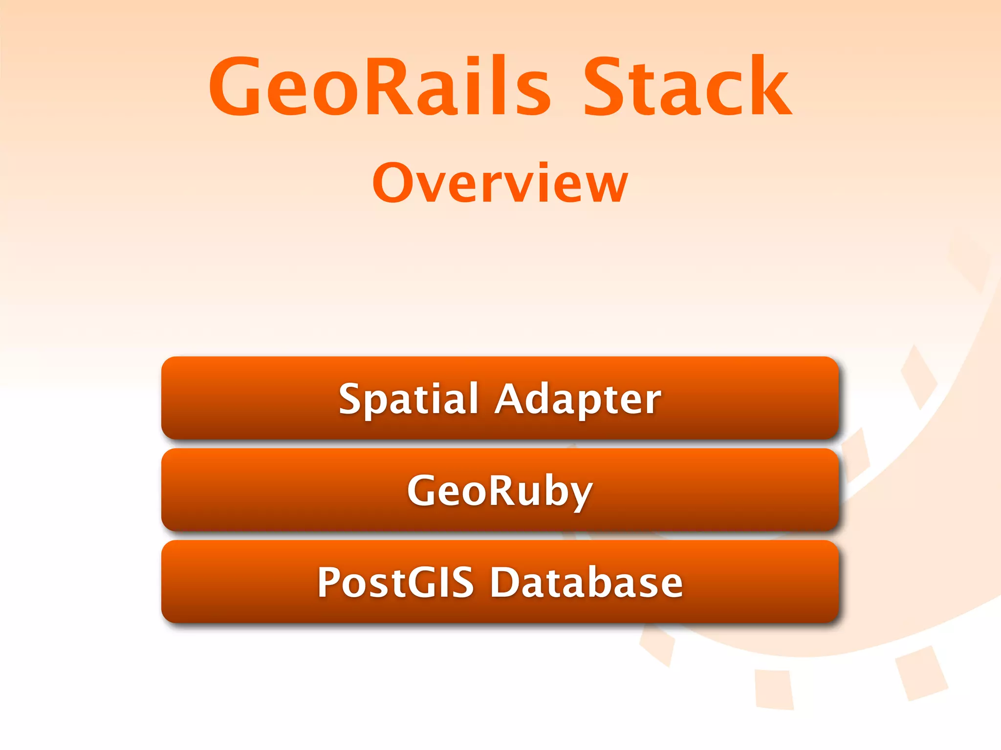 GeoRails Stack
    Overview


   Spatial Adapter

      GeoRuby

  PostGIS Database
 