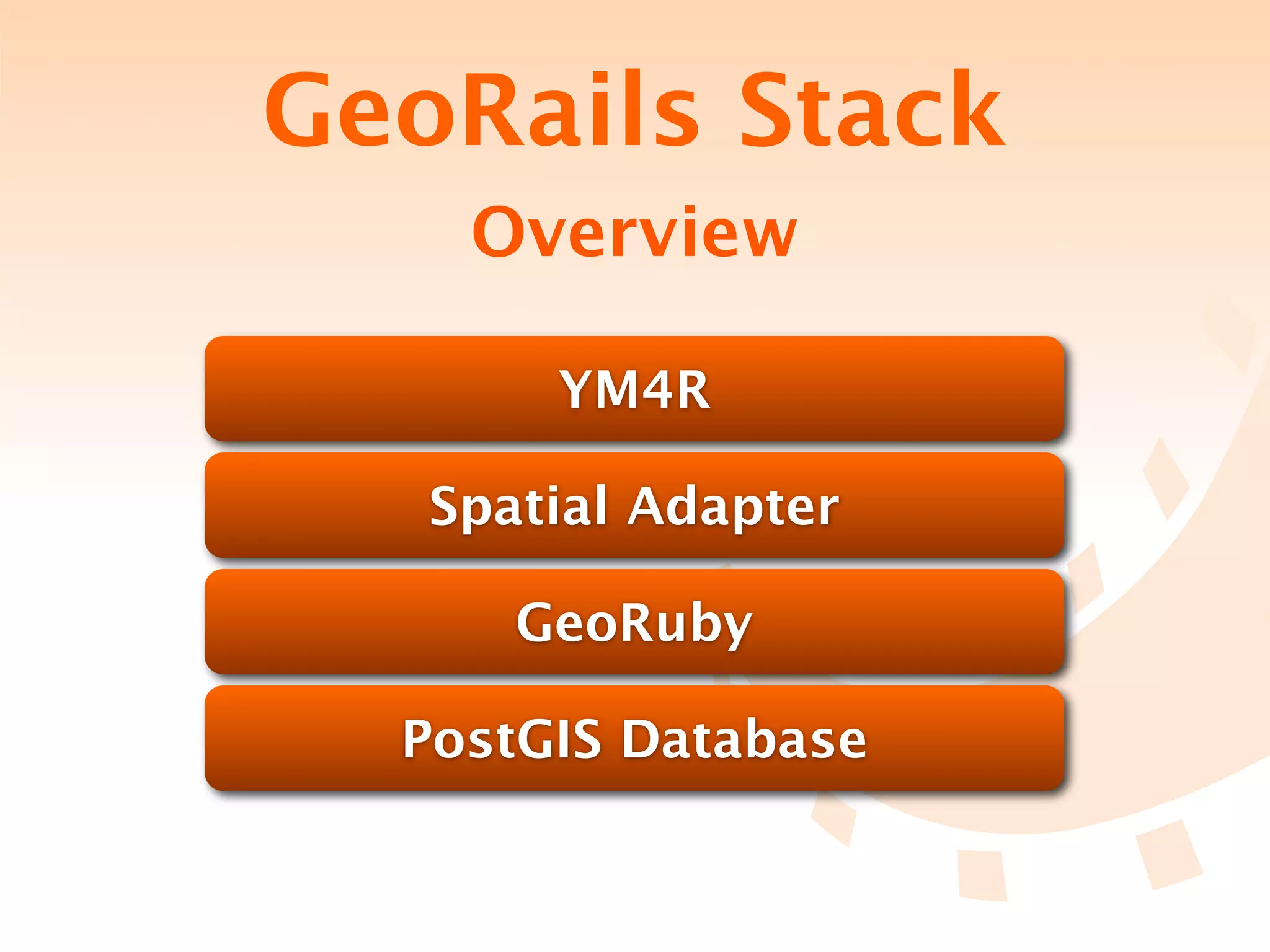 GeoRails Stack
    Overview

       YM4R

   Spatial Adapter

      GeoRuby

  PostGIS Database
 