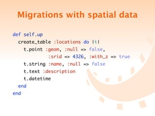 Migrations with spatial data

def self.up
  create_table :locations do |t|
      t.point :geom, :null => false,
               :srid => 4326, :with_z => true
      t.string :name, :null => false
      t.text :description
      t.datetime 	
  end
end
 