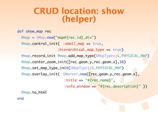 CRUD location: show
             (helper)
 def show_map rec
   @map = GMap.new("map#{rec.id}_div")
   @map.control_init(	 :small_map => true,
	 	 	 	 	 	 	 	 :hierarchical_map_type => true)
   @map.record_init @map.add_map_type(GMapType::G_PHYSICAL_MAP)
   @map.center_zoom_init([rec.geom.y,rec.geom.x],16)
   @map.set_map_type_init(GMapType::G_PHYSICAL_MAP)
   @map.overlay_init(	 GMarker.new([rec.geom.y,rec.geom.x],
                       :title => "#{rec.name}",
                       :info_window => "#{rec.description}" ))
   @map.to_html
 end
 