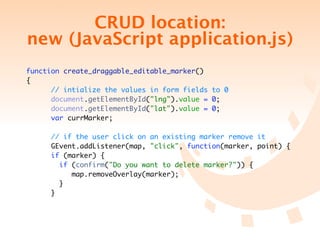 CRUD location:
new (JavaScript application.js)
function create_draggable_editable_marker()
{
      // intialize the values in form fields to 0
      document.getElementById("lng").value = 0;
      document.getElementById("lat").value = 0;
      var currMarker;

     // if the user click on an existing marker remove it
     GEvent.addListener(map, "click", function(marker, point) {
     if (marker) {
       if (confirm("Do you want to delete marker?")) {
          map.removeOverlay(marker);
       }
     }
 