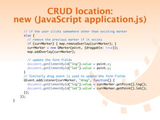 CRUD location:
new (JavaScript application.js)
      // if the user clicks somewhere other than existing marker
      else {
        // remove the previous marker if it exists
        if (currMarker) { map.removeOverlay(currMarker); }
        currMarker = new GMarker(point, {draggable: true});
        map.addOverlay(currMarker);

        // update the form fields
        document.getElementById("lng").value = point.x;
        document.getElementById("lat").value = point.y;
      }
      // Similarly drag event is used to update the form fields
      GEvent.addListener(currMarker, "drag", function() {
        document.getElementById("lng").value = currMarker.getPoint().lng();
        document.getElementById("lat").value = currMarker.getPoint().lat();
      });
    });
}
 