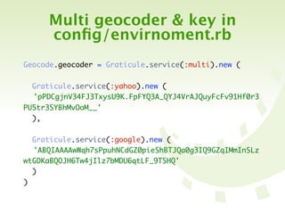 Multi geocoder & key in
     conﬁg/envirnoment.rb
Geocode.geocoder = Graticule.service(:multi).new (

  Graticule.service(:yahoo).new (
	 'pPDCgjnV34FJ3TxysU9K.FpFYQ3A_QYJ4VrAJQuyFcFv91Hf0r3
PU5tr3SYBhMvOoM__'
  ),

  Graticule.service(:google).new (
	 'ABQIAAAAwWqh7sPpuhNCdGZ0pieShBTJQa0g3IQ9GZqIMmInSLz
wtGDKaBQOJH6Tw4jIlz7bMDU6qtLF_9TSHQ'
  )
)
 