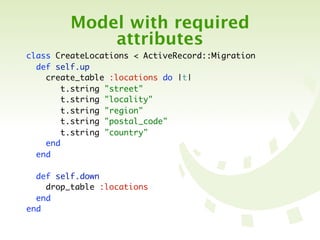 Model with required
             attributes
class CreateLocations < ActiveRecord::Migration
  def self.up
    create_table :locations do |t|
       t.string "street"
       t.string "locality"
       t.string "region"
       t.string "postal_code"
       t.string "country"
    end
  end

  def self.down
    drop_table :locations
  end
end
 