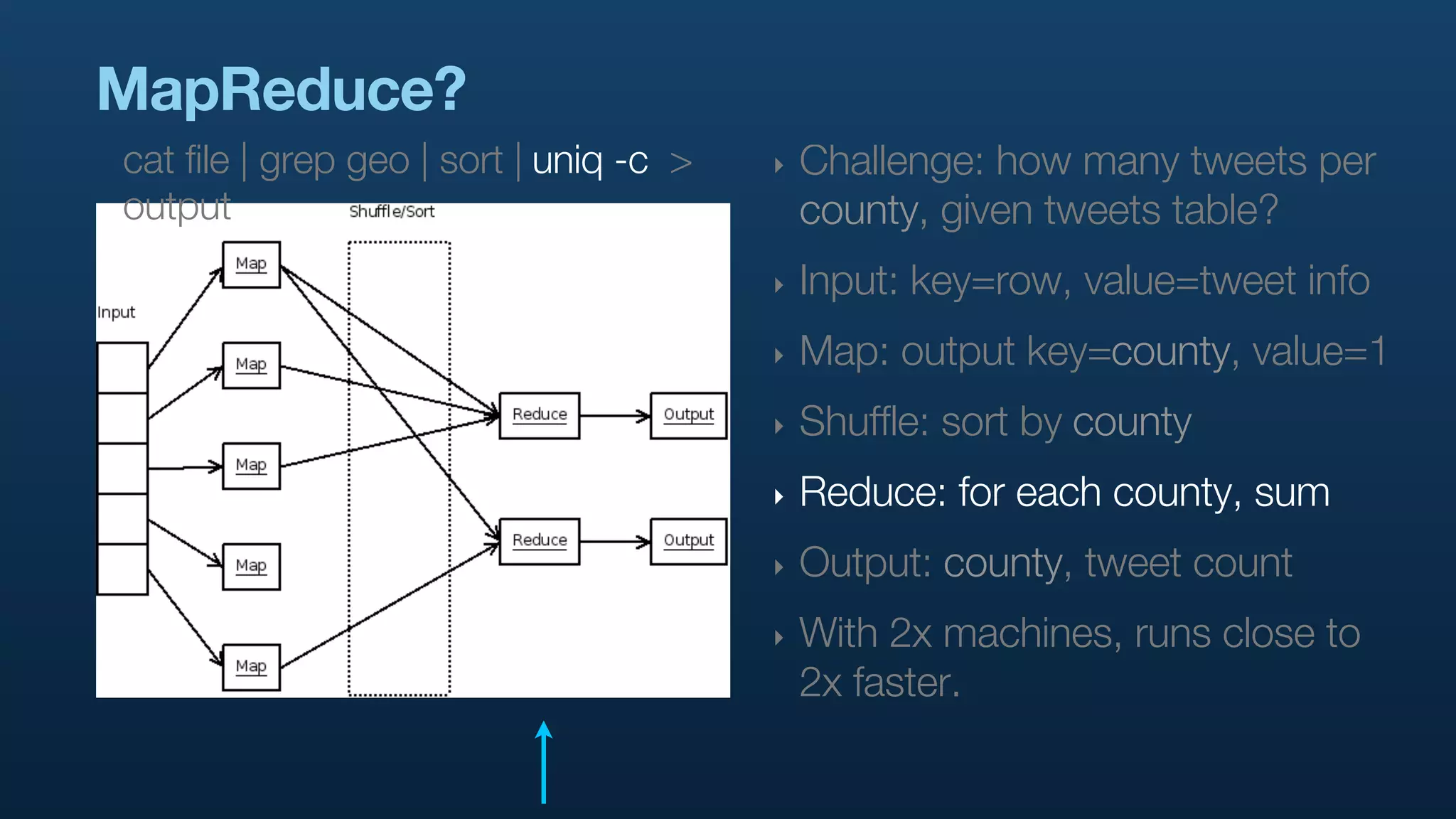 MapReduce?
cat file | grep geo | sort | uniq -c >   ‣   Challenge: how many tweets per
output                                       county, given tweets table?
                                         ‣   Input: key=row, value=tweet info
                                         ‣   Map: output key=county, value=1
                                         ‣   Shuffle: sort by county
                                         ‣   Reduce: for each county, sum
                                         ‣   Output: county, tweet count
                                         ‣   With 2x machines, runs close to
                                             2x faster.
 