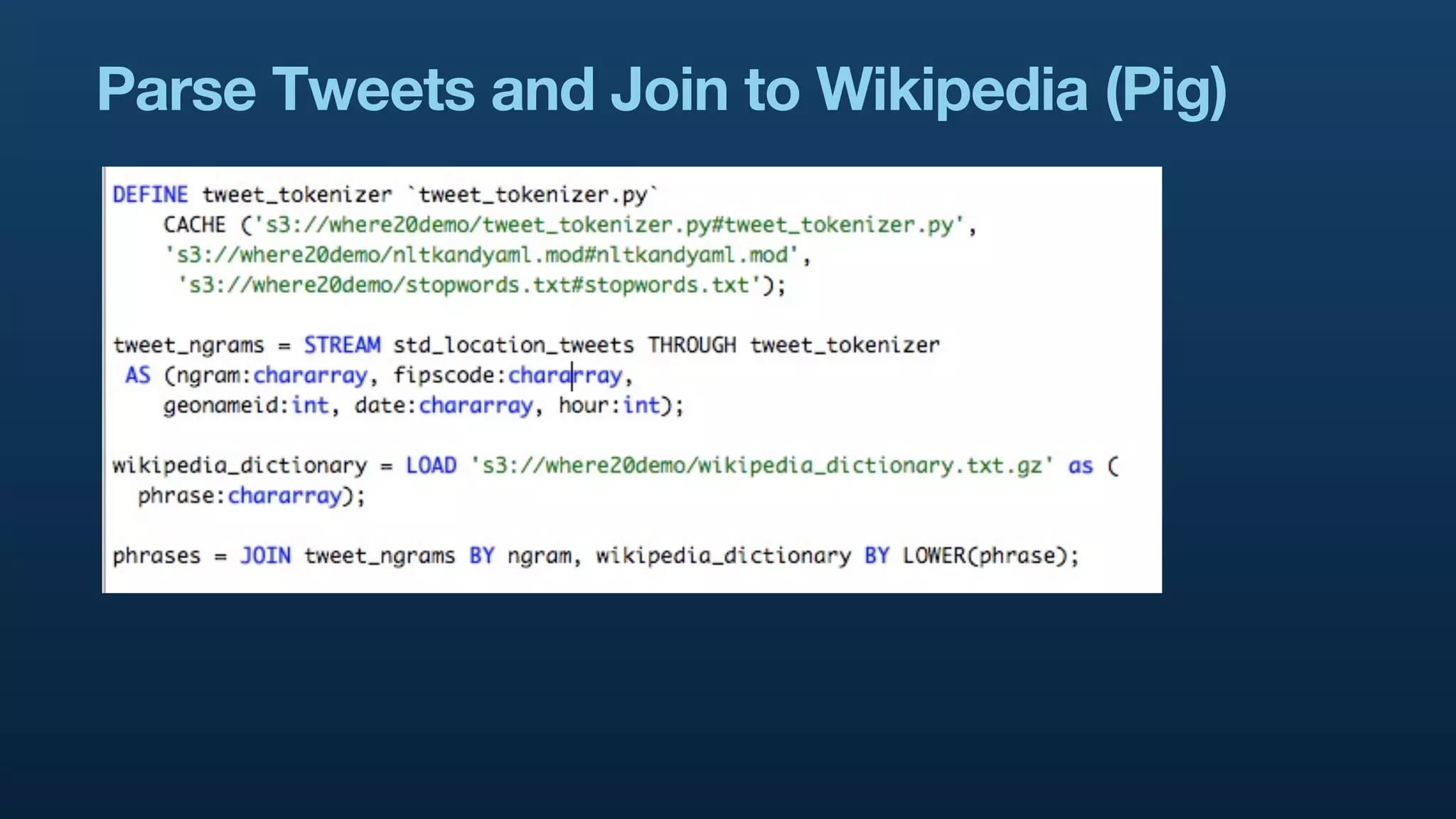 Parse Tweets and Join to Wikipedia (Pig)
 
