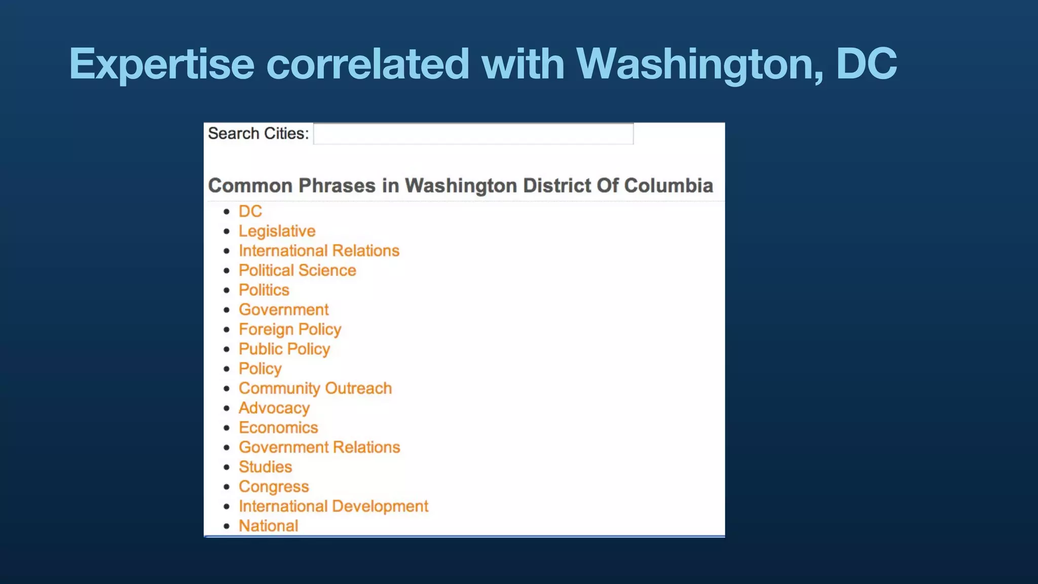 Expertise correlated with Washington, DC
 
