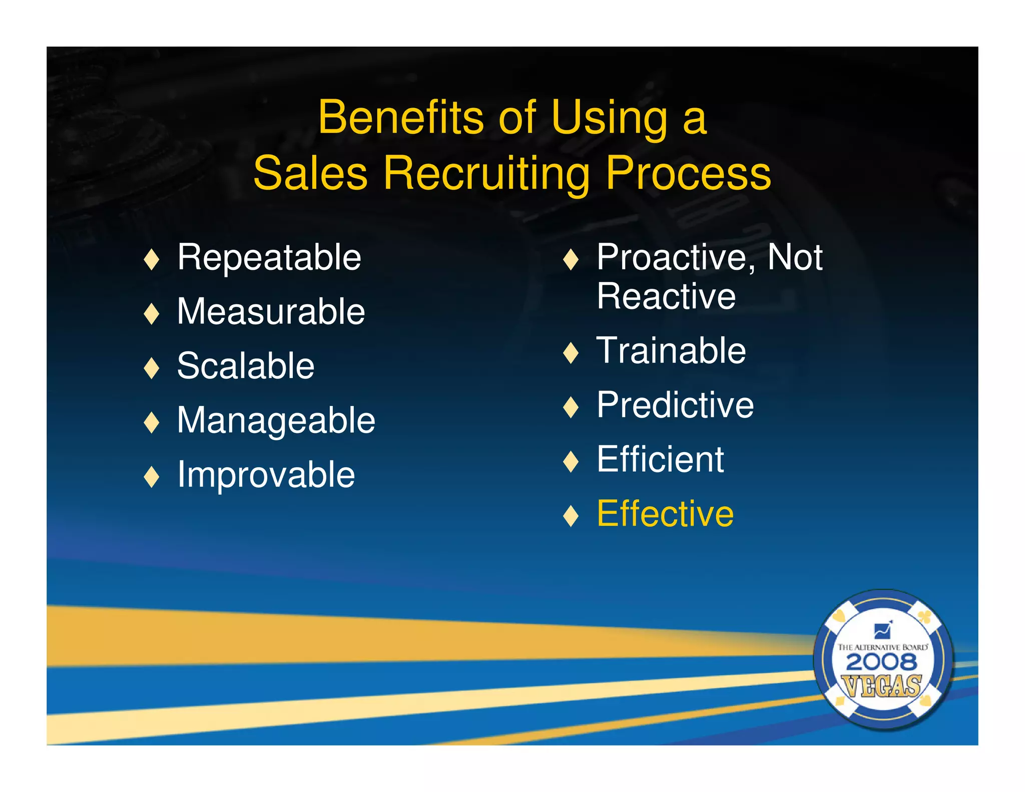 Benefits of Using a
    Sales Recruiting Process
Repeatable         Proactive, Not
Measurable         Reactive
Scalable           Trainable
Manageable         Predictive
Improvable         Efficient
                   Effective
 
