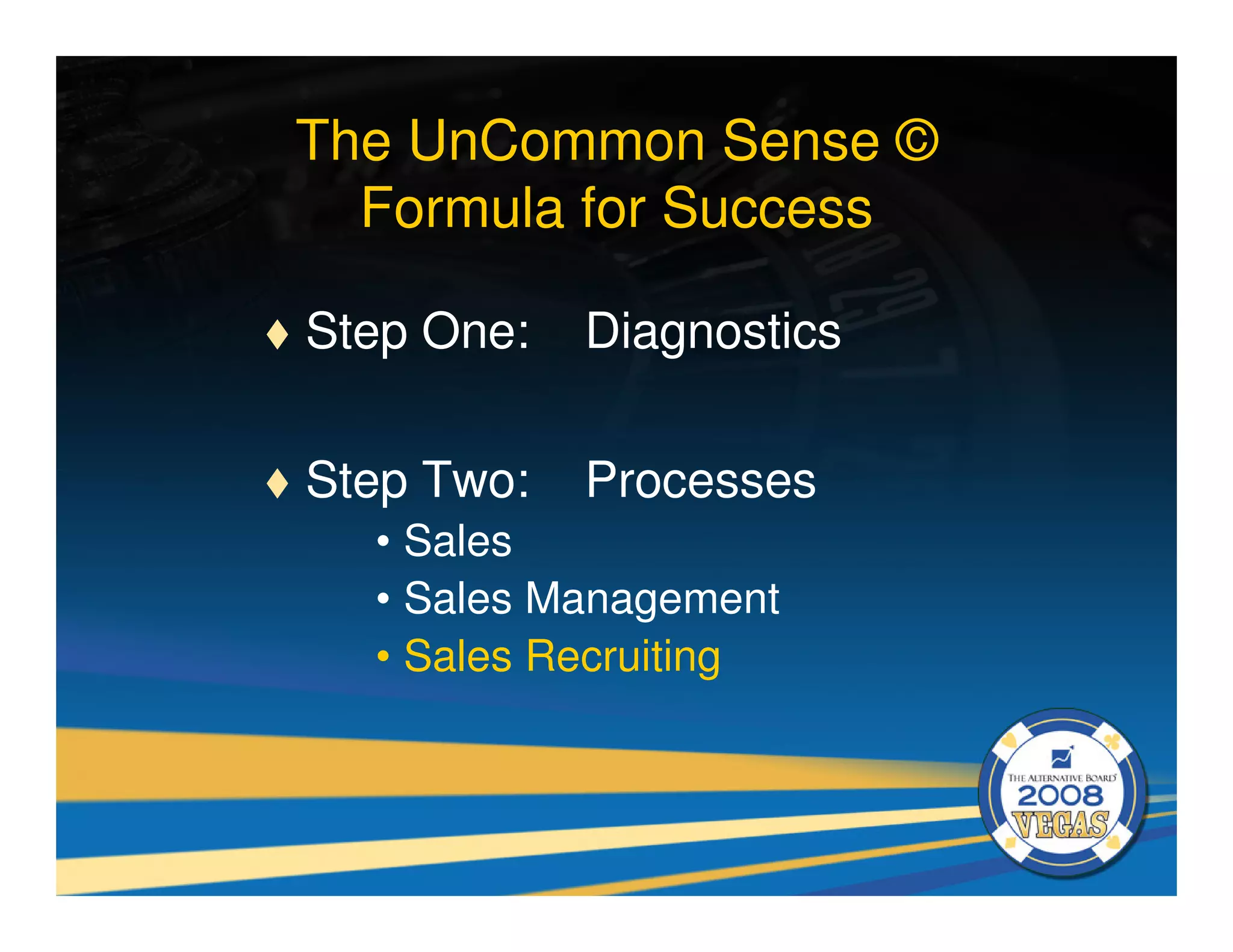The UnCommon Sense ©
  Formula for Success

Step One:   Diagnostics

Step Two:   Processes
  • Sales
  • Sales Management
  • Sales Recruiting
 