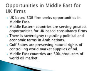  UK based BDB firm seeks opportunities in
Middle East.
 Middle Eastern countries are serving greatest
opportunities for UK based consultancy firms
 There is sovereignty regarding political and
economic terms in Arab nations.
 Gulf States are preserving natural rights of
controlling world market supplies of oil.
 Middle East countries are 30% producers of
world oil market.
 
