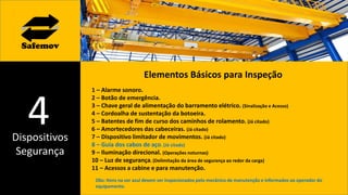 Dispositivos
Segurança
4
Elementos Básicos para Inspeção
1 – Alarme sonoro.
2 – Botão de emergência.
3 – Chave geral de alimentação do barramento elétrico. (Sinalização e Acesso)
4 – Cordoalha de sustentação da botoeira.
5 – Batentes de fim de curso dos caminhos de rolamento. (Já citado)
6 – Amortecedores das cabeceiras. (Já citado)
7 – Dispositivo limitador de movimentos. (Já citado)
8 – Guia dos cabos de aço. (Já citado)
9 – Iluminação direcional. (Operações noturnas)
10 – Luz de segurança. (Delimitação da área de segurança ao redor da carga)
11 – Acessos a cabine e para manutenção.
Obs: Itens na cor azul devem ser inspecionados pelo mecânico de manutenção e informados ao operador do
equipamento.
 