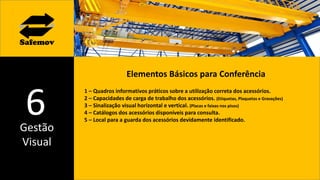Gestão
Visual
6
Elementos Básicos para Conferência
1 – Quadros informativos práticos sobre a utilização correta dos acessórios.
2 – Capacidades de carga de trabalho dos acessórios. (Etiquetas, Plaquetas e Gravações)
3 – Sinalização visual horizontal e vertical. (Placas e faixas nos pisos)
4 – Catálogos dos acessórios disponíveis para consulta.
5 – Local para a guarda dos acessórios devidamente identificado.
 