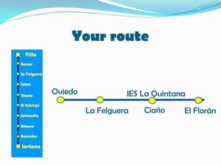 Your route
Oviedo
La Felguera
IES La Quintana
El FloránCiaño
 