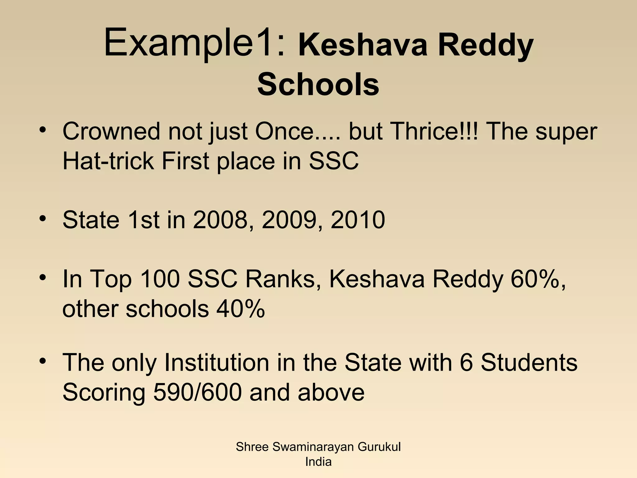 Example1: Keshava Reddy
                     Schools
• Crowned not just Once.... but Thrice!!! The super
  Hat-trick First place in SSC

• State 1st in 2008, 2009, 2010

• In Top 100 SSC Ranks, Keshava Reddy 60%,
  other schools 40%

• The only Institution in the State with 6 Students
  Scoring 590/600 and above

                  Shree Swaminarayan Gurukul
                            India
 