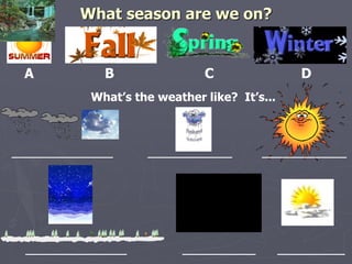 What season are we on? 
A B C D 
What’s the weather like? It’s... 
__________________ _______________ _______________ 
__________________ _____________ ____________ 
 