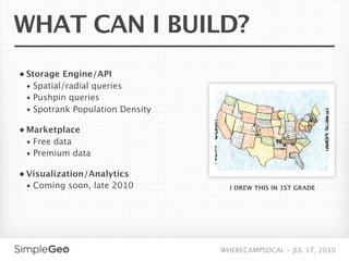WHAT CAN I BUILD?
• Storage Engine/API
  • Spatial/radial queries
  • Pushpin queries
  • Spotrank Population Density

• Marketplace
  • Free data
  • Premium data

• Visualization/Analytics
  • Coming soon, late 2010          I DREW THIS IN 1ST GRADE




                                  WHERECAMPSOCAL - JUL 17, 2010
 