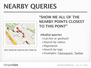 NEARBY QUERIES
                                   “SHOW ME ALL OF THE
                                   NEARBY POINTS CLOSEST
                                   TO THIS POINT”

                                   • Radial queries
                                     • Lat/lon or geohash
                                     • Search by radius
                                     • Pagination
BEST MEXICAN FOOD IN OLD TOWN SD     • Search by tags
                                     • Examples: Foursquare, Twitter



                                                WHERECAMPSOCAL - JUL 17, 2010
 