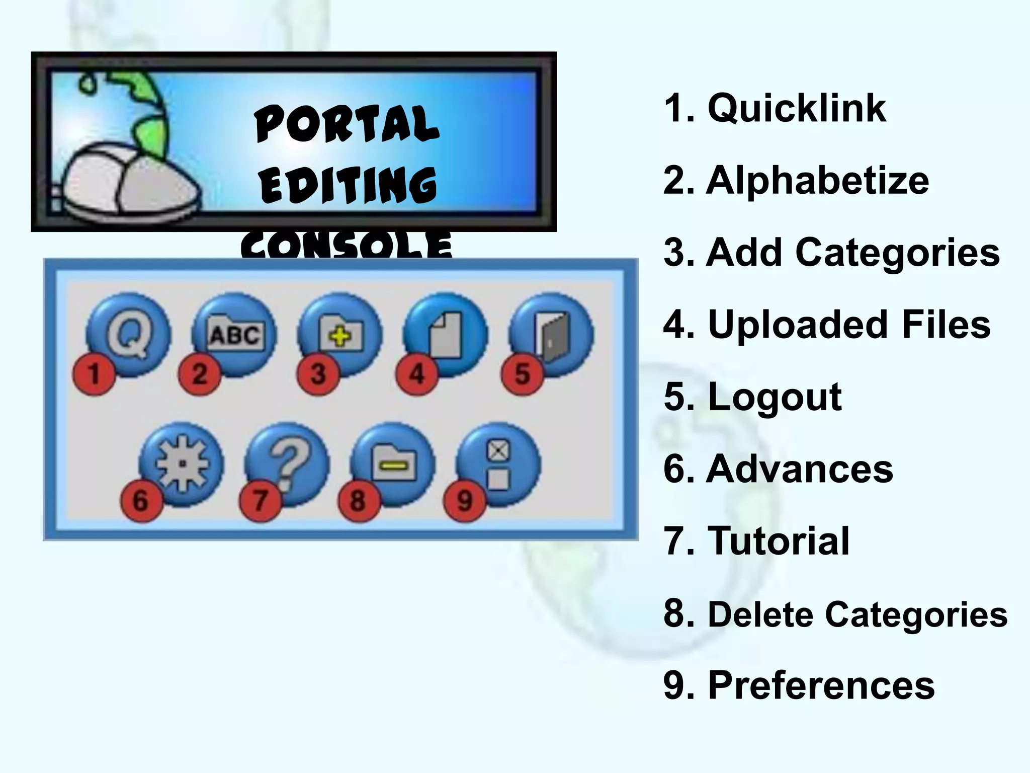 Portal     1. Quicklink

 Editing   2. Alphabetize
Console    3. Add Categories
           4. Uploaded Files
           5. Logout
           6. Advances
           7. Tutorial
           8. Delete Categories
           9. Preferences
 
