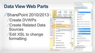 Data View Web Parts
SharePoint 2010/2013
Create DVWPs
Create Related Data
Sources
Edit XSL to change
formatting
 