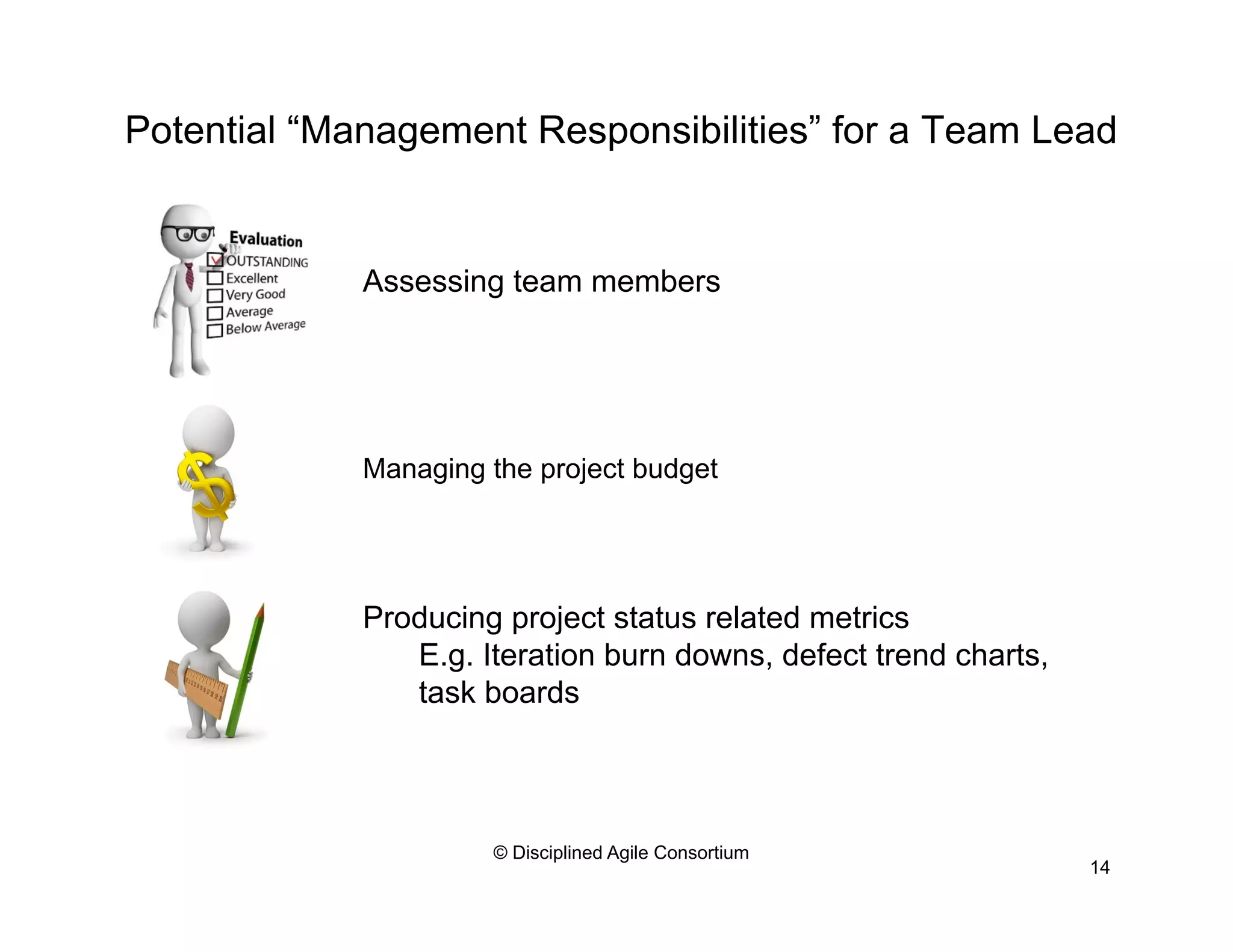 Potential “Management Responsibilities” for a Team Lead
14
© Disciplined Agile Consortium
Managing the project budget
Producing project status related metrics
E.g. Iteration burn downs, defect trend charts,
task boards
Assessing team members
 