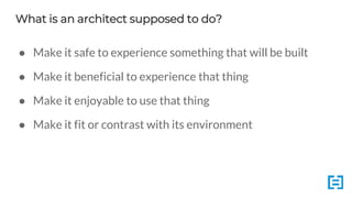 What is an architect supposed to do?
● Make it safe to experience something that will be built
● Make it beneficial to experience that thing
● Make it enjoyable to use that thing
● Make it fit or contrast with its environment
 