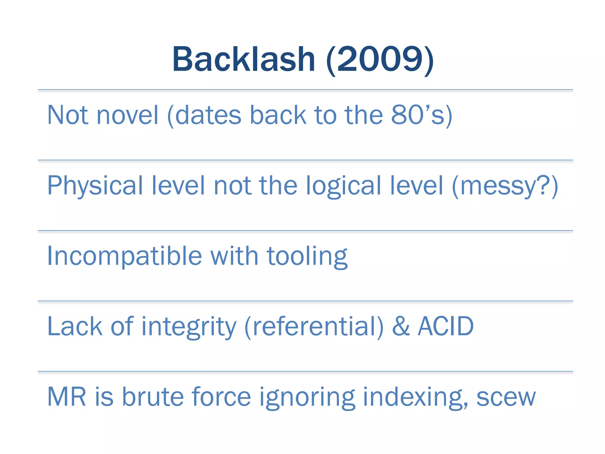 Backlash (2009)
Not novel (dates back to the 80’s)

Physical level not the logical level (messy?)

Incompatible with tooling

Lack of integrity (referential) & ACID

MR is brute force ignoring indexing, scew
 