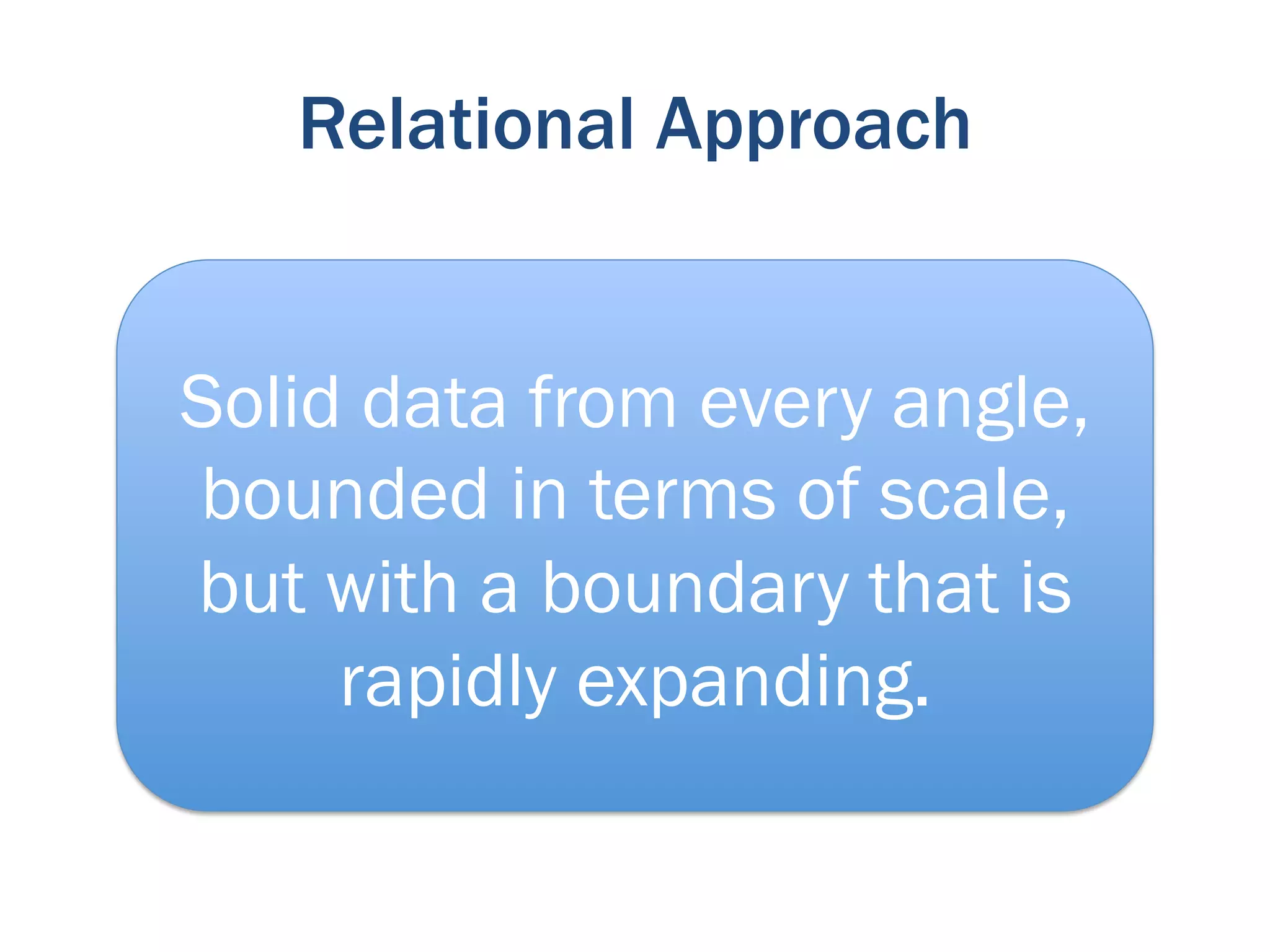 Relational Approach


Solid data from every angle,
bounded in terms of scale,
but with a boundary that is
     rapidly expanding.
 