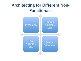 Architecting for Different Non-
          Functionals

                    Shared
       In-Memory   Nothing /
                     Disk



         Fast
                    Column
       Network/
                   Orientation
         SSD
 