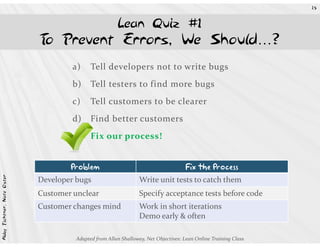 15



                                                       Lean Quiz #1
                            T Prevent Errors, We Should…?
                             o
                                     a)     Tell developers not to write bugs
                                     b)     Tell testers to find more bugs
                                     c)     Tell customers to be clearer
                                     d)     Find better customers
                                     e)     Fix our process!


                                    Problem                                         Fix the Process
Abby Fichtner, Nate Oster




                            Developer bugs                       Write unit tests to catch them
                            Customer unclear                     Specify acceptance tests before code
                            Customer changes mind                Work in short iterations
                                                                 Demo early & often

                                      Adapted from Allan Shalloway, Net Objectives: Lean Online Training Class
 