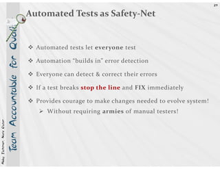 29


                             eam Accountable for Quality   Automated Tests as Safety-Net


                                                             Automated tests let everyone test

                                                             Automation “builds in” error detection

                                                             Everyone can detect & correct their errors

                                                             If a test breaks stop the line and FIX immediately

                                                             Provides courage to make changes needed to evolve system!
                                                                Without requiring armies of manual testers!
Abby Fichtner, Nate Oster



                            T
 
