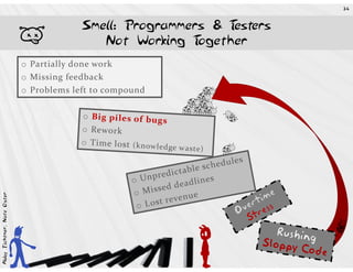34


                                         Smell: Programmers & Testers
                            b               Not Working T
                            o Partially done work
                                                          ogether

                            o Missing feedback
                            o Problems left to compound
Abby Fichtner, Nate Oster
 