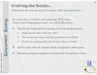38


                                                 Evolving the Stories…
                                                 Build upon the synergy of pair’s unique skills & perspectives….


                                                 As each slice is coded with passing TDD tests,
                                        esting



                                                 Tester and Programmer pair to evolve the story…

                                                     Testers do exploratory testing with the programmer
                            Concurrent T




                                                          High bandwidth (side-by-side)
                                                          Fix issues real-time and get immediate feedback
                                                          Feed new automated tests & next slice to build

                                                     Select next slice & repeat until acceptance tests pass

                                                     Measure progress against automated Acceptance Tests
Abby Fichtner, Nate Oster




                                                                                                                   h
 