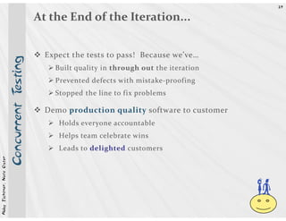 39


                                                 At the End of the Iteration...


                                                   Expect the tests to pass! Because we’ve…
                                        esting



                                                     Built quality in through out the iteration
                                                     Prevented defects with mistake-proofing
                            Concurrent T




                                                     Stopped the line to fix problems

                                                   Demo production quality software to customer
                                                      Holds everyone accountable
                                                      Helps team celebrate wins
                                                      Leads to delighted customers
Abby Fichtner, Nate Oster




                                                                                                  h
 