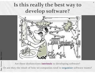 5

                                    Is this really the best way to
                                         develop software?
Abby Fichtner, Nate Oster




                                     Are these dysfunctions intrinsic to developing software?
                            Or are they the result of how we companies tend to organize software teams?
 
