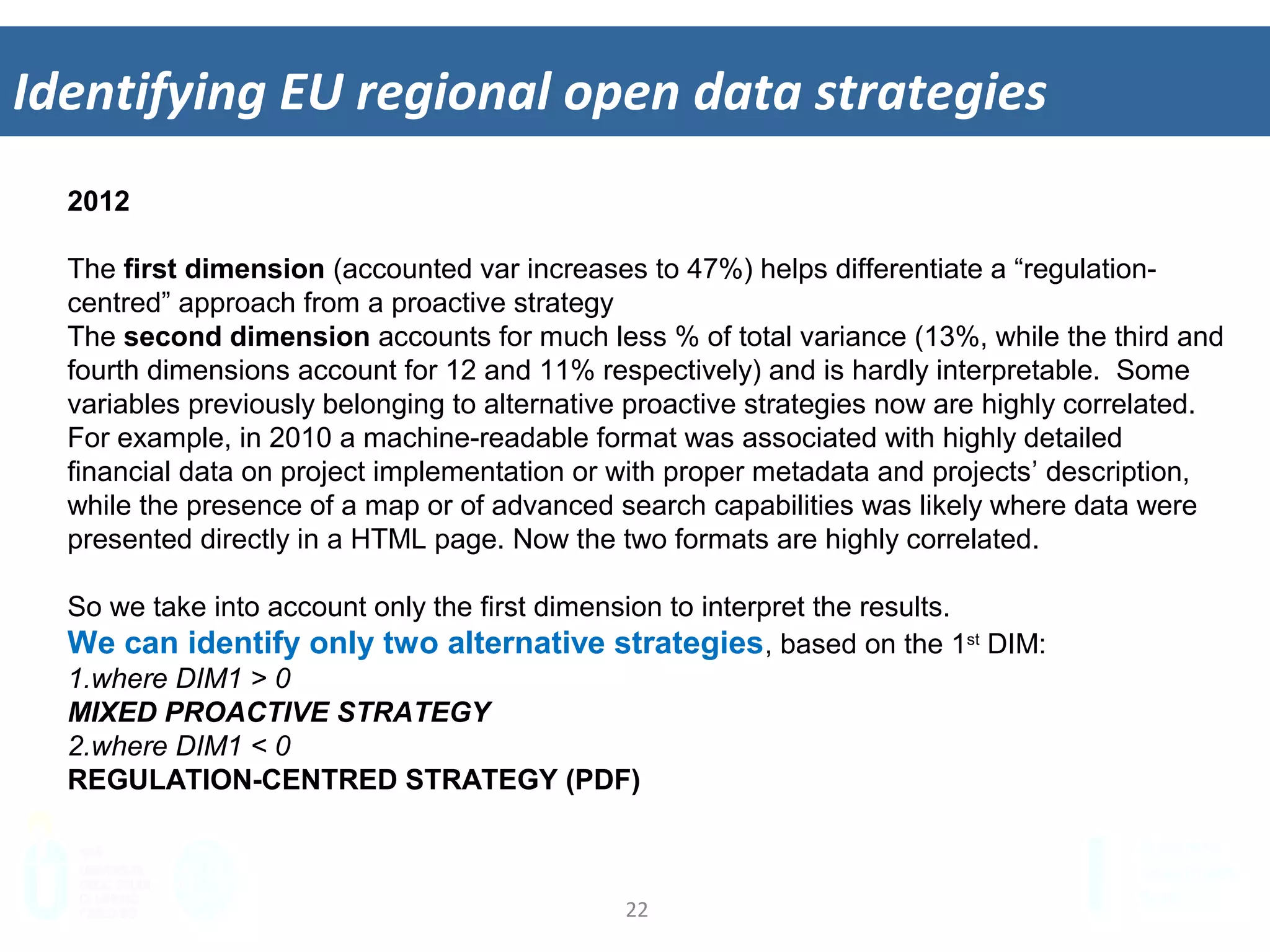 22	
  
Iden&fying	
  EU	
  regional	
  open	
  data	
  strategies	
  
2012
The first dimension (accounted var increases to 47%) helps differentiate a “regulation-
centred” approach from a proactive strategy
The second dimension accounts for much less % of total variance (13%, while the third
and fourth dimensions account for 12 and 11% respectively) and is hardly interpretable.
Some variables previously belonging to alternative proactive strategies now are highly
correlated.
For example, in 2010 a machine-readable format was associated with highly detailed
financial data on project implementation or with proper metadata and projects’ description,
while the presence of a map or of advanced search capabilities was likely where data were
presented directly in a HTML page. Now the two formats are highly correlated.
So we take into account only the first dimension to interpret the results.
We can identify only two alternative strategies, based on the 1st DIM:
1. where DIM1 > 0
MIXED PROACTIVE STRATEGY
2. where DIM1 < 0
REGULATION-CENTRED STRATEGY (PDF)
 