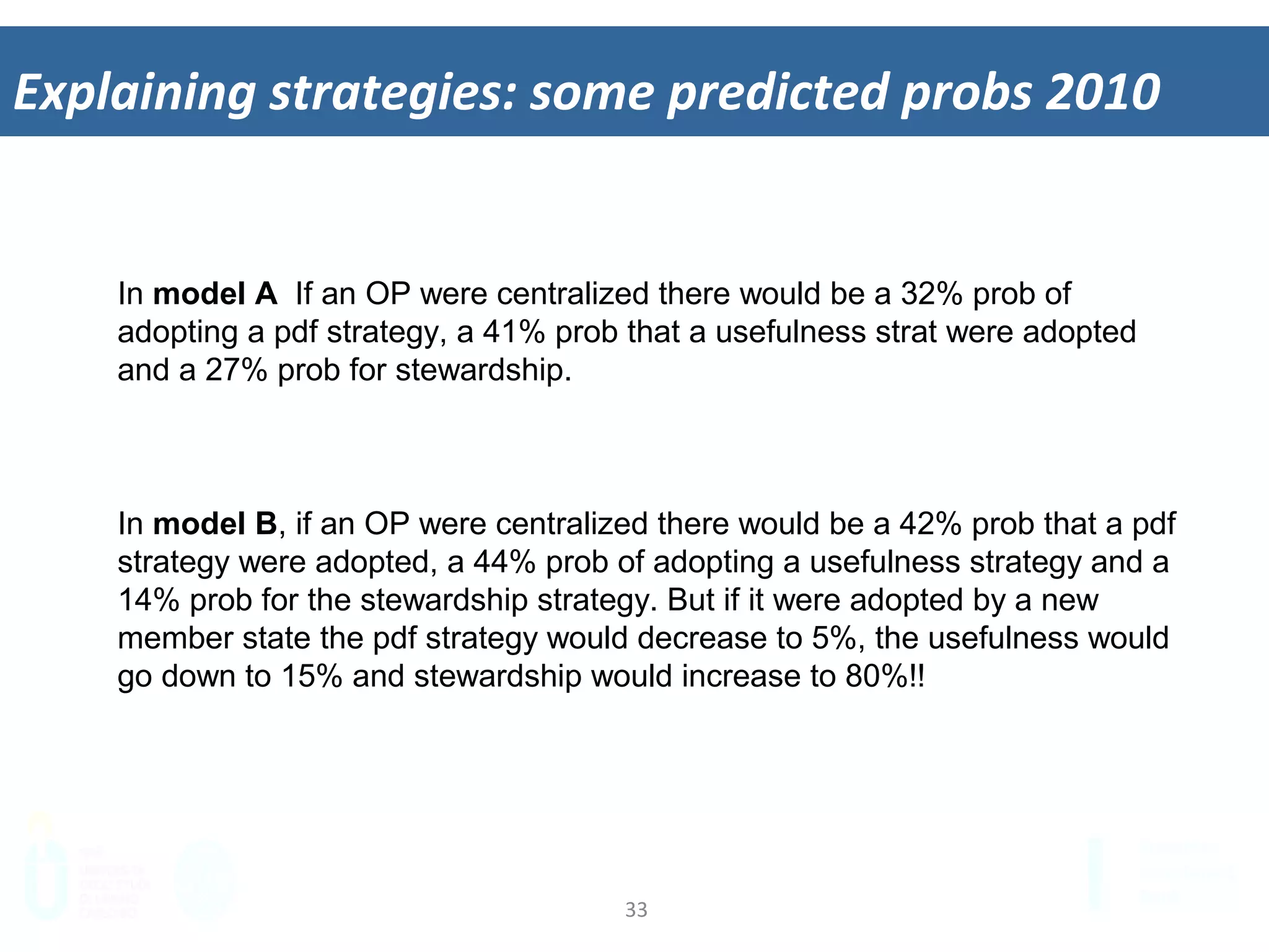 33	
  
Explaining	
  strategies:	
  some	
  predicted	
  probs	
  2010	
  
In model B, if an OP were centralized there would be a 42% prob that a pdf
strategy were adopted, a 44% prob of adopting a usefulness strategy and a
14% prob for the stewardship strategy. But if it were adopted by a new
member state the pdf strategy would decrease to 5%, the usefulness would
go down to 15% and stewardship would increase to 80%!!
In model A If an OP were centralized there would be a 32% prob of
adopting a pdf strategy, a 41% prob that a usefulness strat were adopted
and a 27% prob for stewardship.
 