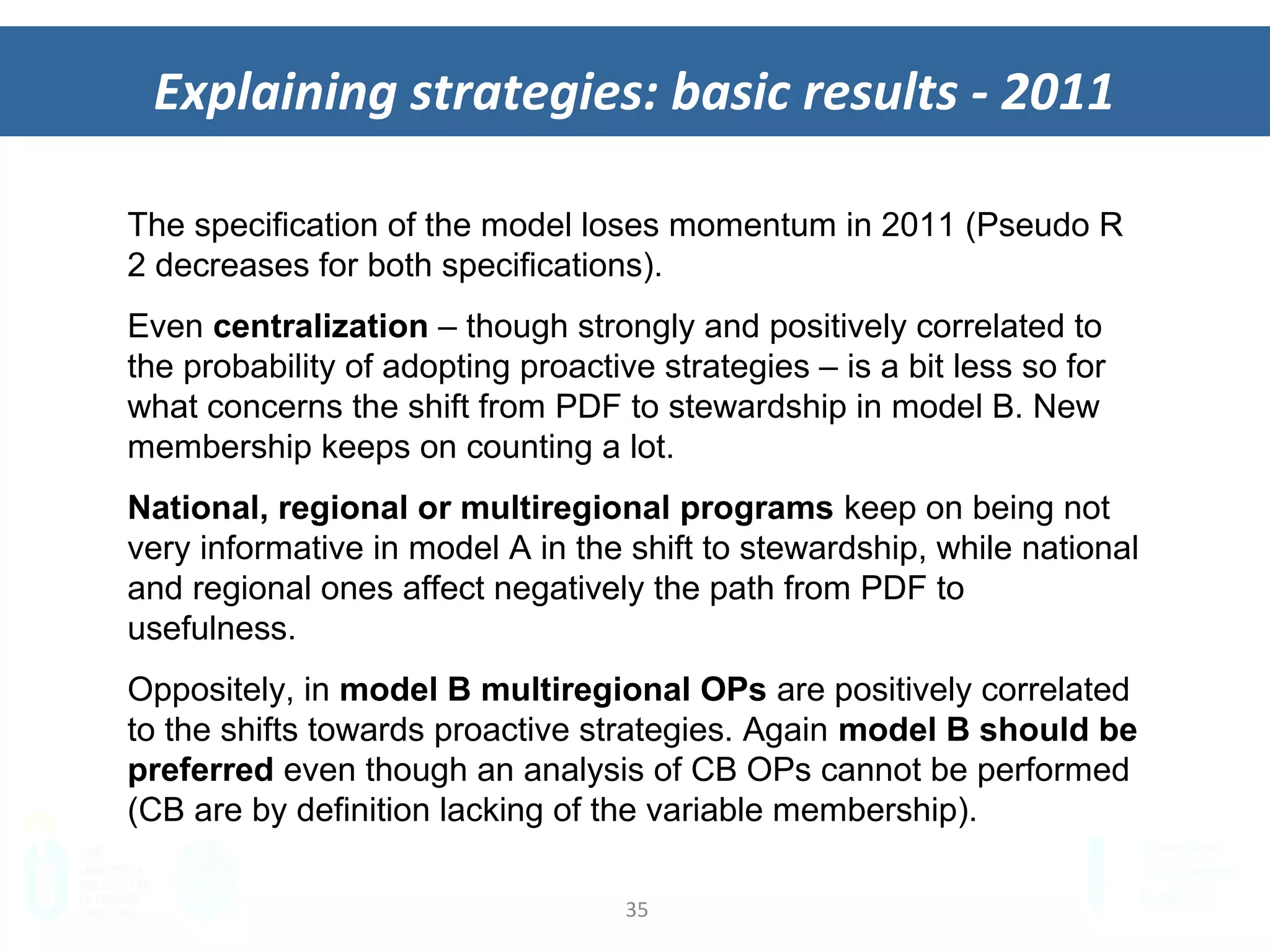 35	
  
Explaining	
  strategies:	
  basic	
  results	
  -­‐	
  2011	
  
The specification of the model loses momentum in 2011 (Pseudo R
2 decreases for both specifications).
Even centralization – though strongly and positively correlated to
the probability of adopting proactive strategies – is a bit less so for
what concerns the shift from PDF to stewardship in model B. New
membership keeps on counting a lot.
National, regional or multiregional programs keep on being not
very informative in model A in the shift to stewardship, while national
and regional ones affect negatively the path from PDF to
usefulness.
Oppositely, in model B multiregional OPs are positively correlated
to the shifts towards proactive strategies. Again model B should be
preferred even though an analysis of CB OPs cannot be performed
(CB are by definition lacking of the variable membership).
 