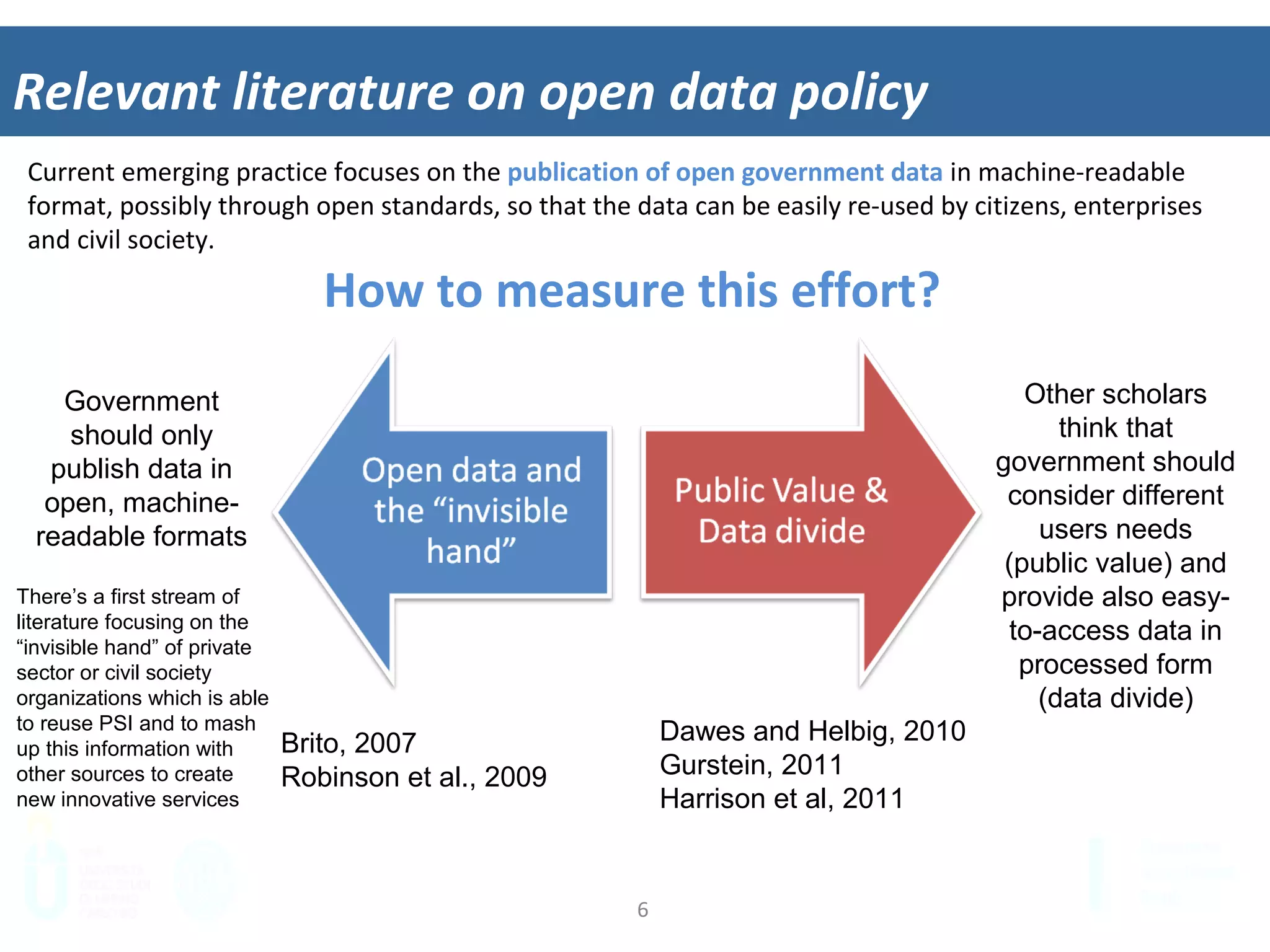 6	
  
Relevant	
  literature	
  on	
  open	
  data	
  policy	
  
Open	
  data	
  and	
  
the	
  “invisible	
  
hand”	
  
Public	
  Value	
  &	
  
Data	
  divide	
  
Current	
  emerging	
  pracEce	
  focuses	
  on	
  the	
  publica*on	
  of	
  open	
  government	
  data	
  in	
  machine-­‐readable	
  
format,	
  possibly	
  through	
  open	
  standards,	
  so	
  that	
  the	
  data	
  can	
  be	
  easily	
  re-­‐used	
  by	
  ciEzens,	
  enterprises	
  
and	
  civil	
  society.	
  	
  
How	
  to	
  measure	
  this	
  eﬀort?	
  
Government
should only
publish data in
open, machine-
readable formats
Other scholars
think that
government should
consider different
users needs
(public value) and
provide also easy-
to-access data in
processed form
(data divide)
Brito, 2007
Robinson et al., 2009
Dawes and Helbig, 2010
Gurstein, 2011
Harrison et al, 2011
There’s a first stream of
literature focusing on the
“invisible hand” of private
sector or civil society
organizations which is able
to reuse PSI and to mash
up this information with
other sources to create
new innovative services
 
