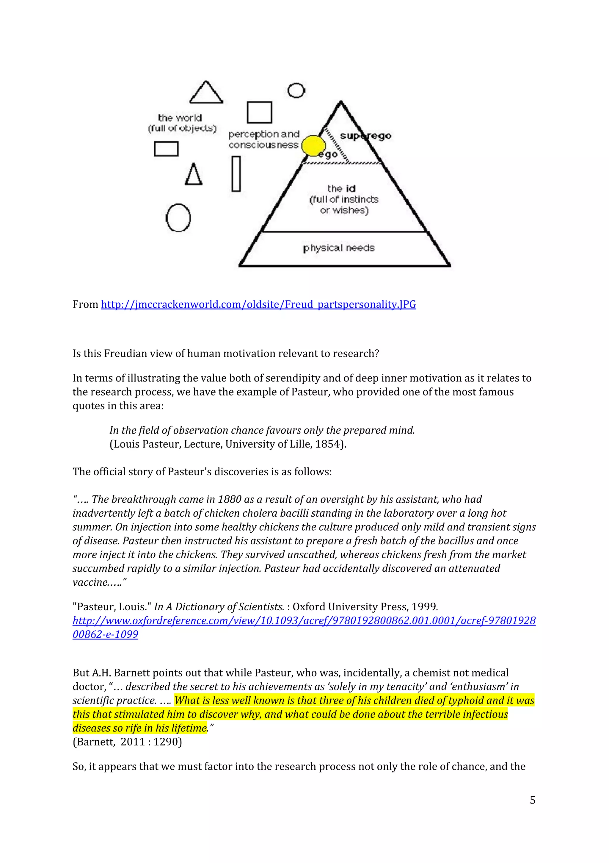 From ​http://jmccrackenworld.com/oldsite/Freud_partspersonality.JPG
Is this Freudian view of human motivation relevant to research?
In terms of illustrating the value both of serendipity and of deep inner motivation as it relates to
the research process, we have the example of Pasteur, who provided one of the most famous
quotes in this area:
In the field of observation chance favours only the prepared mind.
(Louis Pasteur, Lecture, University of Lille, 1854).
The official story of Pasteur’s discoveries is as follows:
“…. The breakthrough came in 1880 as a result of an oversight by his assistant, who had
inadvertently left a batch of chicken cholera bacilli standing in the laboratory over a long hot
summer. On injection into some healthy chickens the culture produced only mild and transient signs
of disease. Pasteur then instructed his assistant to prepare a fresh batch of the bacillus and once
more inject it into the chickens. They survived unscathed, whereas chickens fresh from the market
succumbed rapidly to a similar injection. Pasteur had accidentally discovered an attenuated
vaccine.….”
"Pasteur, Louis."​ In A Dictionary of Scientists. ​: Oxford University Press, 1999​.
http://www.oxfordreference.com/view/10.1093/acref/9780192800862.001.0001/acref-97801928
00862-e-1099
But A.H. Barnett points out that while Pasteur, who was, incidentally, a chemist not medical
doctor, “​… described the secret to his achievements as ‘solely in my tenacity’ and ‘enthusiasm’ in
scientific practice. …. ​What is less well known is that three of his children died of typhoid and it was
this that stimulated him to discover why, and what could be done about the terrible infectious
diseases so rife in his lifetime​.”
(Barnett, 2011 : 1290)
So, it appears that we must factor into the research process not only the role of chance, and the
5
 