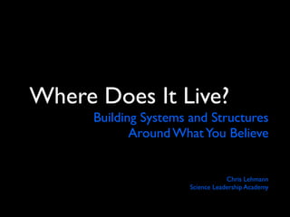 Where Does It Live?
      Building Systems and Structures
             Around What You Believe


                                   Chris Lehmann
                       Science Leadership Academy
 