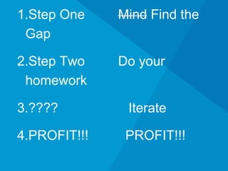 1.Step One Mind Find the Gap
2.Step Two Do your homework
3.???? Iterate
4.PROFIT!!! PROFIT!!!
 