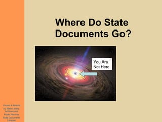 Where Do State  Documents Go? Vincent A Alascia Az State Library, Archives and Public Records State Documents Librarian You Are Not Here 