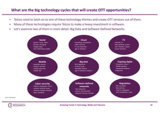 What are the big technology cycles that will create OTT opportunities?




Telcos need to latch on to one of these technology themes and create OTT services out of them.
Many of these technologies require Telcos to make a heavy investment in software.
Let’s examine two of them in more detail: Big Data and Software Defined Networks.
Social
‐ games, music, video
‐ location shopping
‐ Google Glass
‐ new advertising  models

Mobile
‐ wearable  devices
‐ location services
‐ mobile  payments
‐ mobile  ads

Cyber security
‐ Telecom  equipment  focus
‐ national security issues
‐ software  defined network
‐ open standards

Cloud
‐ everything  everywhere
‐ cyber security 
‐ IT cost reduction
‐ age of software

Big data
‐ Re‐imagination 
‐ privacy  issues
‐ wearable  devices
‐ age of software analytics

Software defined
networks
‐ Cost reduction
‐ service  enhancement
‐ Network  function virtualis

TV
‐ Internet TV
‐ Second/third  screens
‐ 16k / flexible  screens
‐ Social networks

Copying Apple
‐ Ecosystem  lock‐in
‐ Walled  gardens
‐ Hardware/software 
integration

Regulation
‐ Net neutrality
‐ Data privacy
‐ Internet regulation
‐ Anti‐competition  cases

Source: CM Research

Analysing Trends in Technology, Media and Telecoms

10

 