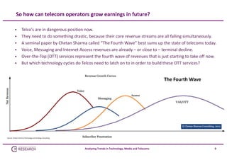 So how can telecom operators grow earnings in future?







Telco's are in dangerous position now. 
They need to do something drastic, because their core revenue streams are all falling simultaneously. 
A seminal paper by Chetan Sharma called “The Fourth Wave” best sums up the state of telecoms today.
Voice, Messaging and Internet Access revenues are already – or close to – terminal decline. 
Over‐the‐Top (OTT) services represent the fourth wave of revenues that is just starting to take off now.
But which technology cycles do Telcos need to latch on to in order to build these OTT services?

The Fourth Wave

Source: Chetan Sharma Technology and Strategy Consulting

Analysing Trends in Technology, Media and Telecoms

9

 