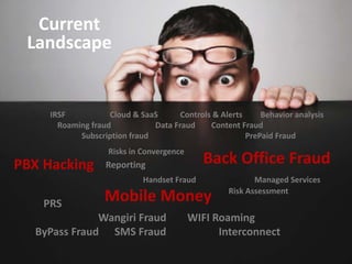 Current
 Landscape


     IRSF           Cloud & SaaS      Controls & Alerts     Behavior analysis
       Roaming fraud           Data Fraud     Content Fraud
            Subscription fraud                          PrePaid Fraud
                    Risks in Convergence
PBX Hacking        Reporting                  Back Office Fraud
                             Handset Fraud                Managed Services

    PRS
                   Mobile Money                    Risk Assessment


              Wangiri Fraud                WIFI Roaming
  ByPass Fraud SMS Fraud                         Interconnect
 